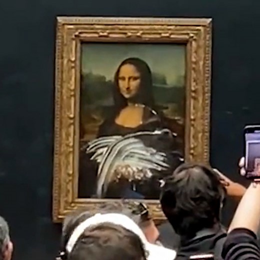 16K views · 143 reactions | Man disguised as old woman in wheelchair throws cake at Mona Lisa | The Independent | Facebook