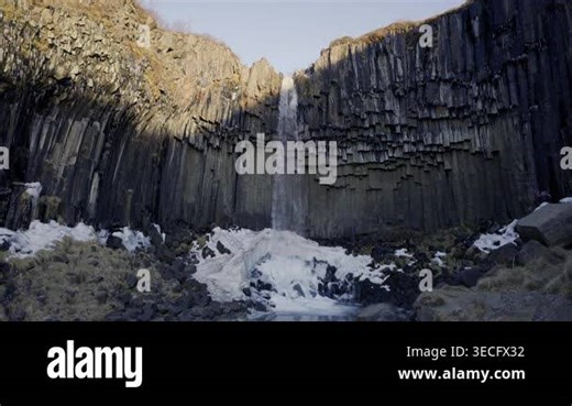 Svartifoss, a waterfall with wall of hexagonal basalt columns near Svinafellsjokull Glacier in Iceland Stock Video Footage - Alamy