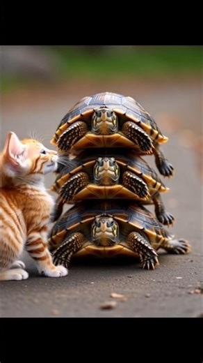 Kitten Joins the Turtle Stacking Challenge! 😻 Four Layers of Fun!