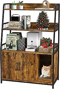 Easycom Large Hidden Cat Litter Box Furniture with Shelf Storage, Wooden Cat House with Scratching Pad, Litter Box Cabinet with Double Door Design - Brown