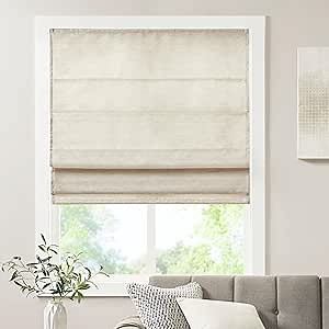 Madison Park Galen Cordless Fabric Privacy Single Panel Darkening, Energy Efficient Roman Shade, Window Curtain, 35"W x 64"L, Printed Faux Silk Ivory