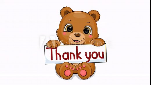 Thank you. Cute cartoon brown bear holding placard. Animal isolated on white background. Looped animation with alpha channel.