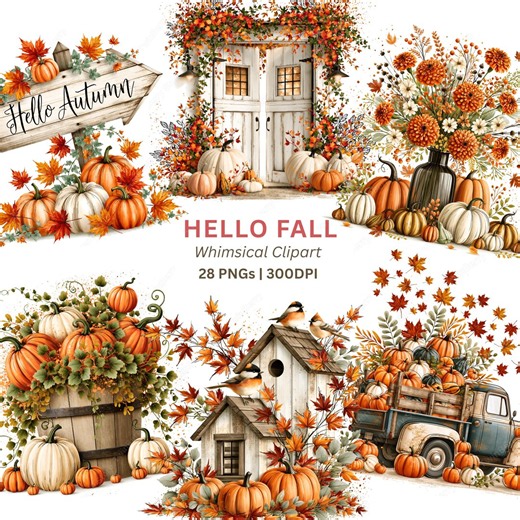 Fall Clipart PNG, 28 Watercolor Autumn Harvest Scenes With Pumpkins and Sunflowers for Farmhouse Decor - Etsy