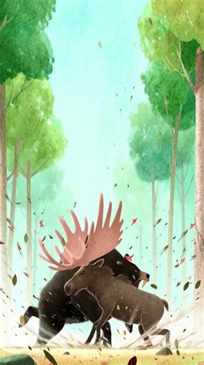 grizzly bear fighting a large moose in a forest