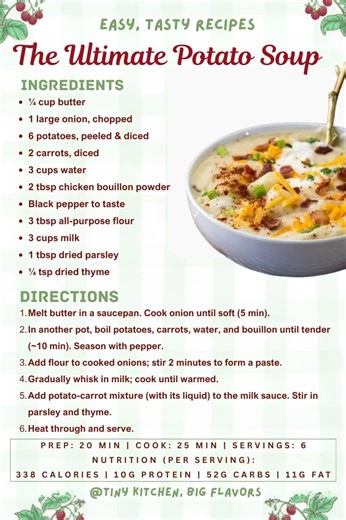 🥔 easyPotato Soup A simple, creamy, and hearty potato soup made with pantry staples. Just like grandma used to make! Chef's Tip: For a vegetarian version, use vegetable bouillon. For extra creaminess, swap 1 cup milk with half-and-half. #PotatoSoup #ComfortFood #OldFashionedRecipe #EasySoup #budgetmeals | Tiny Kitchen, Big Flavors