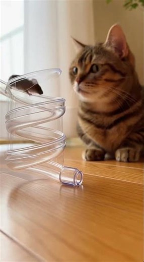 Tabby Cat Watches Mice Slide Down Clear Spiral Tube Track | 4K