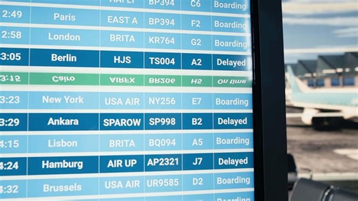 Departures board listing cancelled flights and no departure times, grounded airplane operations and shutdown atmosphere reflecting panic and uncertainty. Large-scale travel disruption.