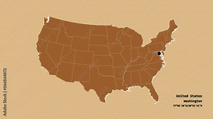 Pennsylvania, state of United States mainland, with its capital, localized, outlined and zoomed with informative overlays on a solid patterned map in the Stereographic projection. Animation 3D