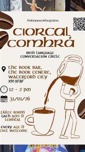 Shaun Harte (Mac Airt) on Instagram: "Nuacht mhór | Big news 🚨 Ciorcal Comhrá in Waterford City 💬☕️ (Port Láirge Abú hup the Déise) Más maith leat do chuid Gaeilge a úsáid agus a chleachtadh, tapaigh an deis 🤝 If you want to use and practice your Irish, sieze the opportunity! Táim ag tnúth go mór leis agus tá súil agam go bhfeicfidh mé ann sibh! I’m really looking forward to it and hope to see ye there! Sonraí: The Book Bar (upstairs in The Book Centre Waterford) on the 31/01/26 from 12-2pm &