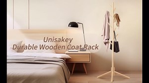 Unisakey Durable Wooden Coat Rack, Freestanding Coat Rack with Stable Triangular Base, 8 Hooks & 3 Adjustable Heights, Simple Assembly for Bedroom, Hallway, Office(New Nature)