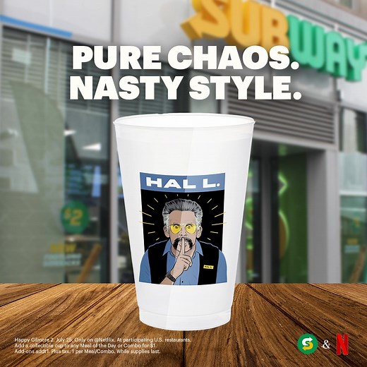 Add just $1 to any meal to make it a Happy Gilmore Meal and get 1 of 4 collectible cups featuring all your fave characters. | Subway
