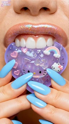 I got my hands on this Hello Kitty gummy and the taste surprised me. It’s sweet and sour, like grape and cotton candy, really chewy, and way too pretty to eat… but here we are. 💜🍬 Would eat it in one go or bite small pieces off like I did? #asmr #hellokitty #gummycandy #satisfying #candyeating #oddlysatisfying | Faux Feast
