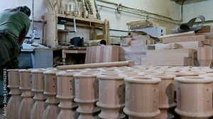 A carpenter works in his workshop. Production of wooden legs for tables.
