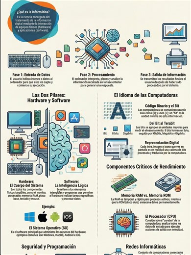 ¿Quieres entender cómo funciona realmente una computadora? En este video te explico la informática básica de forma clara y sencilla, ideal para principiantes. Aprenderás: ✅ Qué es la informática ✅ El ciclo de entrada, procesamiento y salida ✅ Diferencia entre hardware y software ✅ Qué es la memoria RAM y la memoria ROM ✅ Qué hace el procesador (CPU) ✅ Cómo funciona el lenguaje binario ✅ Tipos de redes informáticas ✅ Seguridad y programación básica Este contenido es perfecto si estás empezando en