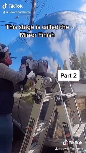 Slow Car Fast Home on Instagram: "Part 2: Polishing an airstream is HARD work! We ultimately decided to polish our Airstream because the original clear coat had started baking off on the top and sides, so it wasn’t looking the best in person. We also just love the look of it with all the new lights and repainted airstream logo 😉"