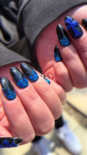 Black & Blue Chrome Cross Nail Art