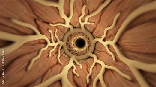 Structural differences across branching levels: primary bronchi with thick cartilage rings, secondary bronchi with partial plates, and bronchioles with pure smooth muscle