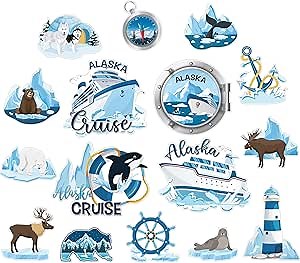 Blosssound 16 Pcs Cruise Door Magnet Alaska Cruise Decorations Alaska Fridge Magnet Reusable Whale Glacier Navigation Magnetic Stickers Souvenir for Birthday Carnival Cabin Refrigerator Ship Car Decor