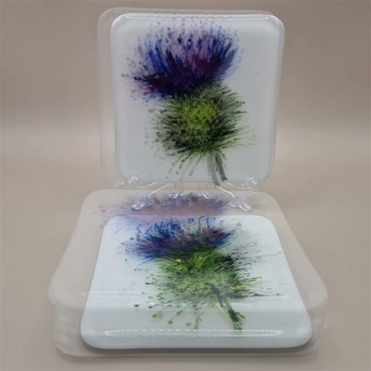 Fused glass thistle coaster, unique, hand painted