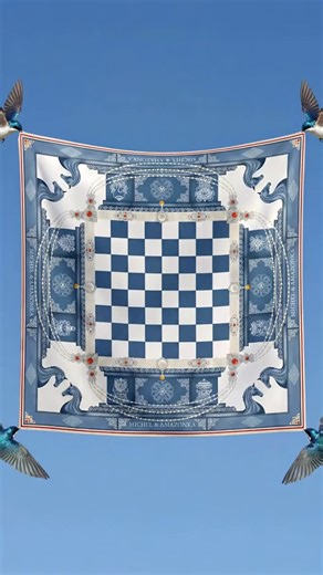 Chess Scarf — Гоо зүй ба оюуны нэгдэл. Торгон алчуур дээр өрнөх тоглоомын нүүдэл бүр тансаг. Хоёр талдаа хэвлэмэлтэй 100% хүр хорхойн торго Алчуурны ирмэгийг гараар эмхэрдэж оёсон Хэмжээ: 63*63 см | Michel & Amazonka