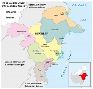 Administrative map of the Indonesian province of East Kalimantan,...