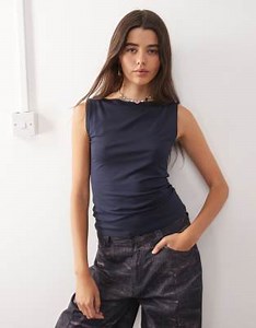 Weekday Annie super soft boat neck tank top in dark navy | ASOS