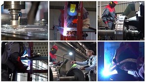 Train Manufacturing, Multi Screen Video On White Background. Manager Using Digital Tablet And Giving Orders To Black CNC Machine Operator In A Train Factory. Welders With Torch And Welding Sparks.