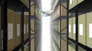 Animation with warehouse drone scanning QR codes on the cardboard boxes in a metal shelf. Fully automatic unmanned system of cargo distribution. Computer coordinated efficient logistic process. 4K
