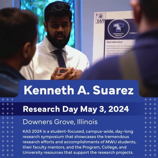 The University Research Committee and the Office of Research and Sponsored Programs are pleased to announce the Kenneth A. Suarez Research Day on Friday, May 3, 2024! This annual event is a student-focused, campus-wide, day-long research symposium that showcases the tremendous research efforts and accomplishments of MWU students, their faculty mentors, and the Program, College, and University resources that support the research projects. | Midwestern University | Facebook