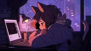 Lofi animation. Seamless loop. Guy and cats watch video.
