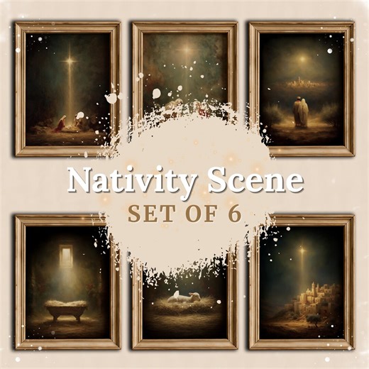 Christmas Nativity Scene Set, Vintage Christian Printable Wall Art, Holy Family Manger Art, Jesus Nativity Print, Star of Bethlehem Poster - Etsy