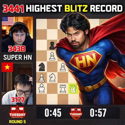 ♟️ History Made! GM Hikaru Sets an All-Time Blitz Record Using a BRILLIANT Knight Tactic vs Minh Le ♞#Chess #GMHikaru #TitledTuesday #BlitzChess | ChessPinoy.TV