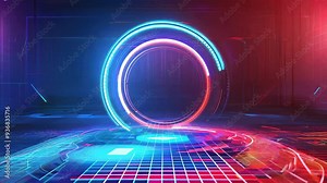 A vibrant futuristic background featuring glowing circles and grids in blue and red tones, perfect for technology and sci-fi themes.