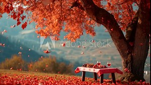 A picnic table sits beneath a tree with vibrant red leaves, providing a shaded spot for outdoor dining, A romantic picnic under a tree filled with heart-shaped leaves
