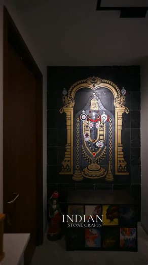 INDIAN STONE CRAFTS on Instagram: "This wall mural features the divine image of Lord Venkateswara, adorned with intricate jewelery, sacred symbols, and graceful garlands, framed by an ornate arch in gold and black tones. The craftsmanship and colour palette evoke a sense of luxury and tradition, making it a standout addition to high-end residential, hospitality, or spiritual spaces. Its elegant detailing and spiritual motifs elevate ambient aesthetics, offering both visual richness and cultural