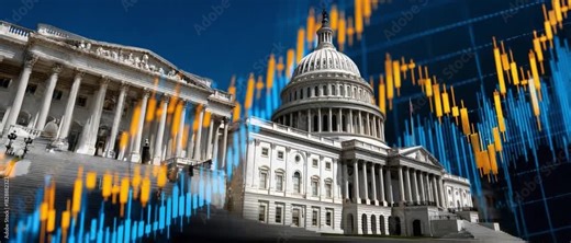 Political Landscape: A juxtaposition of historic government buildings alongside an abstract data visualization chart.