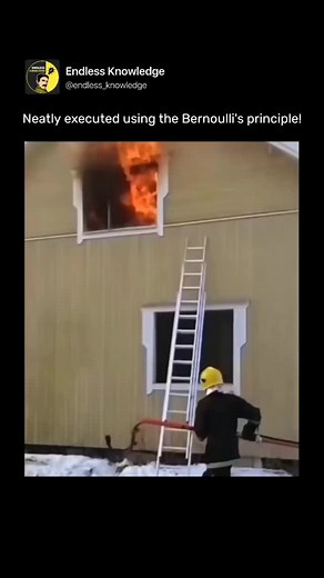 Endless Knowledge - Facts & News on Instagram: "When firefighters direct a high-pressure stream of water outward from a hose positioned near a window, they are applying Bernoulli's principle to aid in ventilation. As the water flows rapidly out of the hose, it creates a low-pressure zone around it. According to Bernoulli's principle, when the speed of a fluid (in this case, water) increases, the pressure within that fluid decreases. This drop in pressure helps to draw air-and potentially smoke- 