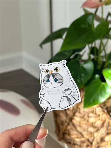 Owl Cat Sticker | Feline Journal Decor | Waterproof Vinyl Planner Art - Etsy