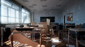 Demolished classroom with overturned desks and chairs. Damaged teaching class.