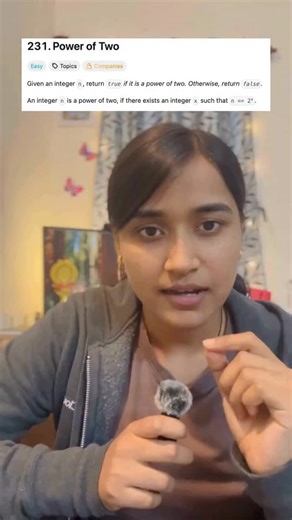 Gyani Kumari on Instagram: "Stop using Loops to check Power of 2! 🛑 Interview mein agar while loop ya recursion likha, toh reject hone ke chances high hain. Why? Because O(log N) is good, but O(1) is better! 🔥 The Logic (Bitwise Magic): 🧠 - Number 8: 1 0 0 0 (Sirf ek bit set hai) - Number 7: 0 1 1 1 (Jahan 8 mein 1 tha, wahan ab 0 hai) - 8 & 7: Result is 0. Ye logic har Power of 2 ke liye valid hai! Code: return (n > 0) && ((n & (n - 1)) == 0); Ek line ka code, aur interviewer impress. 😎 Sav