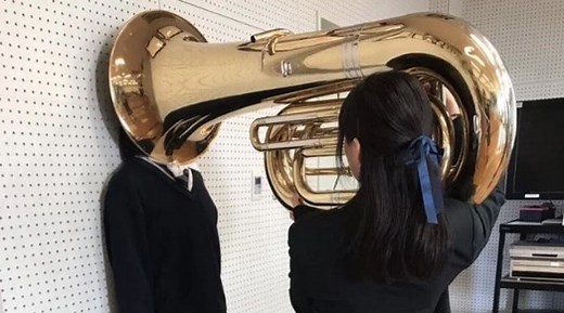 Girl Putting Tuba On Girl's Head | Know Your Meme