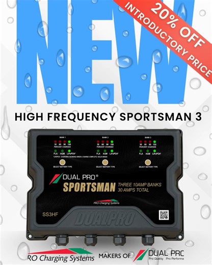 Introducing DualPRO’s NEW SS3HF Sportsman High Frequency Charger—lighter, smaller, and smarter with 10A per bank (30A total) and independent Lithium, AGM, or Wet Cell charging on each bank. Pro angler Drew Gill Fishing trusts the SS3HF on his new Nitro for the 2026 season. Celebrate his MLF Stage 1 win at Lake Guntersville with 20% OFF for a limited time. 🛒: https://dualpro.com/products/sportsman-hf #DualPRO #PROChargingSystems #BatteryChargers #SS3HF #SportsmanSeries #BatteryLife #EnergyEffici