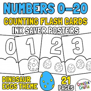 Black & White Flash cards Counting Numbers 0 to 20: Ink Saver Dinosaur Egg Theme