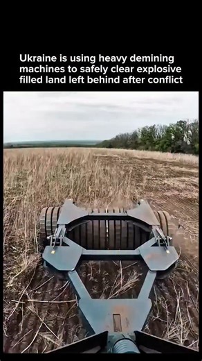 AI • Technology • Innovation on Instagram: "This footage shows a remotely operated demining machine clearing land contaminated by unexploded mines in Ukraine. The vehicle uses heavy tracks and a rotating flail system made of chains or segmented rollers to strike the ground, safely triggering buried explosives without putting human operators at risk. Controlled from a distance, machines like this are used to reclaim farmland, secure civilian areas, and reduce long-term danger after conflicts. Eac