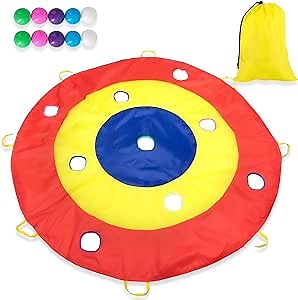 Play Platoon Hole Tarp Team Building Games for Work - 72 Inch Kids Parachute with 8 Handles & 10 Ball Pit Balls, 6 Foot Toddlers Hole Tarp Games, Polyester Parachute for Children