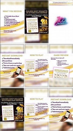 50th Birthday Shot Roulette Game Printable | Black Gold 50 & Fabulous Drinking Game | 50th Party ...