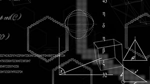 Digital animation of Math equations and shapes on black background