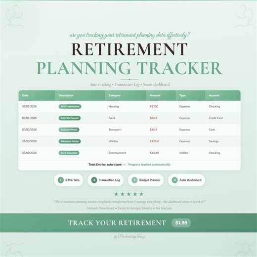 Retirement Planning Spreadsheet Tracker Budget Finance Google Sheets Excel Digital Download - Etsy