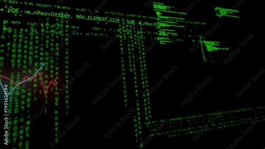 Camera panning, HUD panels and green columns shifting right, revealing code tokens and chart