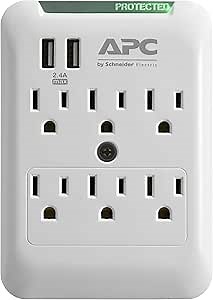 APC Wall Outlet Plug Extender, Surge Protector with USB Ports, PE6WU2, (6) AC Multi Plug Outlet, 540 Joule Surge Protection